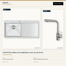 Crauf Via Lattea 6174 Sağ İnox 100×51 cm Evye + Attivo Pure 4065 Platinum Satin (İnox) Batarya | 2 Parça Soft Pure