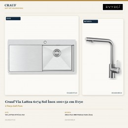 Crauf Via Lattea 6174 Sol İnox 100×51 cm Evye + Attivo Pure 4065 Platinum Satin (İnox) Batarya | 2 Parça Soft Pure