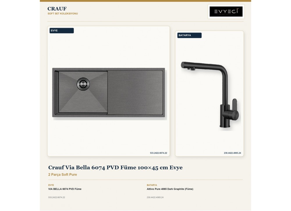 Crauf Via Bella 6074 PVD Füme 100×45 cm Evye + Attivo Pure 4065 Dark Graphite (Füme) Batarya | 2 Parça Soft Pure Crauf Via Bella 6074 PVD Füme 100×45 cm Evye + Attivo Pure 4065 Dark Graphite (Füme) Batarya | 2 Parça Soft Pure