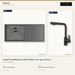 Crauf Via Bella 6074 PVD Füme 100×45 cm Evye + Attivo Pure 4065 Dark Graphite (Füme) Batarya | 2 Parça Soft Pure