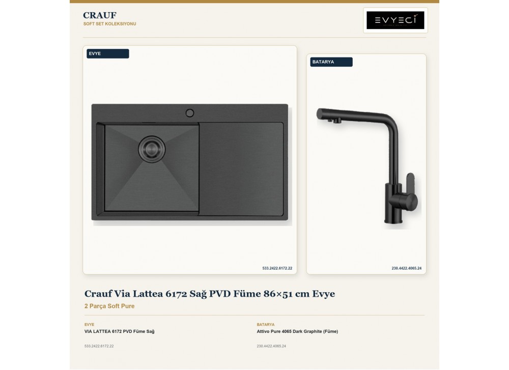 Crauf Via Lattea 6172 Sağ PVD Füme 86×51 cm Evye + Attivo Pure 4065 Dark Graphite (Füme) Batarya | 2 Parça Soft Pure Crauf Via Lattea 6172 Sağ PVD Füme 86×51 cm Evye + Attivo Pure 4065 Dark Graphite (Füme) Batarya | 2 Parça Soft Pure