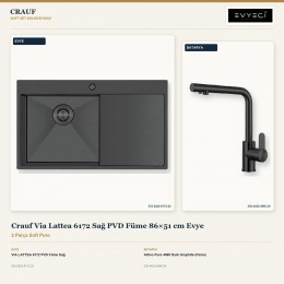 Crauf Via Lattea 6172 Sağ PVD Füme 86×51 cm Evye + Attivo Pure 4065 Dark Graphite (Füme) Batarya | 2 Parça Soft Pure