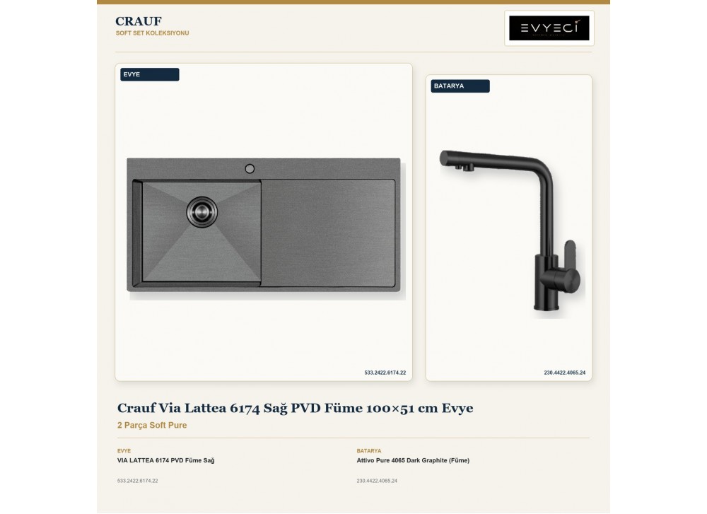 Crauf Via Lattea 6174 Sağ PVD Füme 100×51 cm Evye + Attivo Pure 4065 Dark Graphite (Füme) Batarya | 2 Parça Soft Pure Crauf Via Lattea 6174 Sağ PVD Füme 100×51 cm Evye + Attivo Pure 4065 Dark Graphite (Füme) Batarya | 2 Parça Soft Pure