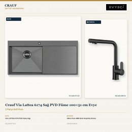 Crauf Via Lattea 6174 Sağ PVD Füme 100×51 cm Evye + Attivo Pure 4065 Dark Graphite (Füme) Batarya | 2 Parça Soft Pure