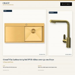 Crauf Via Lattea 6174 Sol PVD Altın 100×51 cm Evye + Attivo Pure 4065 Imperial Gold (İpeksi Altın) Batarya | 2 Parça Soft Pure