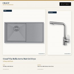 Crauf Via Bella 6072 Mat Gri Evye + Attivo Pure 4065 Platinum Satin (İnox) Batarya | 2 Parça Soft Pure