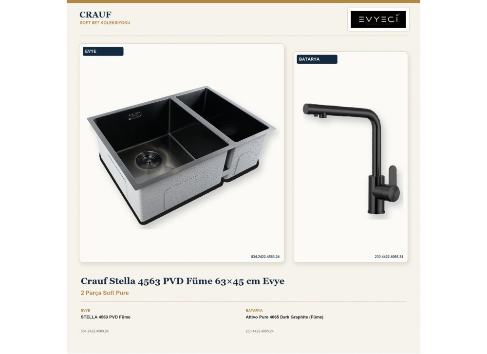 Crauf Stella 4563 PVD Füme 63×45 cm Evye + Attivo Pure 4065 Dark Graphite (Füme) Batarya | 2 Parça Soft Pure Crauf Stella 4563 PVD Füme 63×45 cm Evye + Attivo Pure 4065 Dark Graphite (Füme) Batarya | 2 Parça Soft Pure
