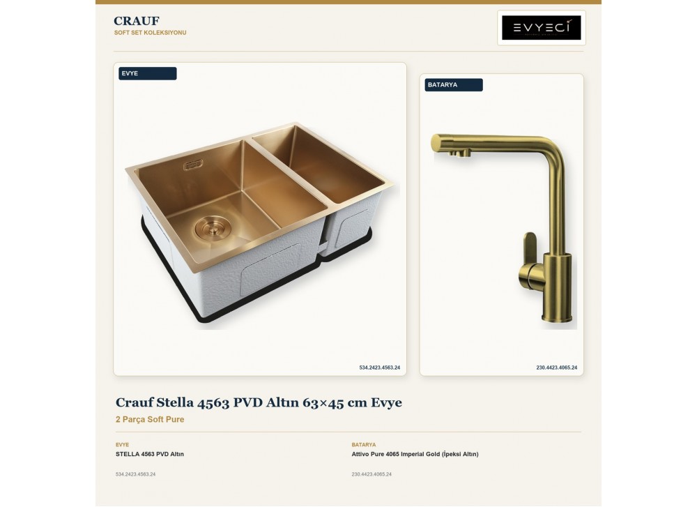 Crauf Stella 4563 PVD Altın 63×45 cm Evye + Attivo Pure 4065 Imperial Gold (İpeksi Altın) Batarya | 2 Parça Soft Pure Crauf Stella 4563 PVD Altın 63×45 cm Evye + Attivo Pure 4065 Imperial Gold (İpeksi Altın) Batarya | 2 Parça Soft Pure