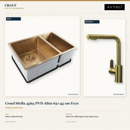 Crauf Stella 4563 PVD Altın 63×45 cm Evye + Attivo Pure 4065 Imperial Gold (İpeksi Altın) Batarya | 2 Parça Soft Pure