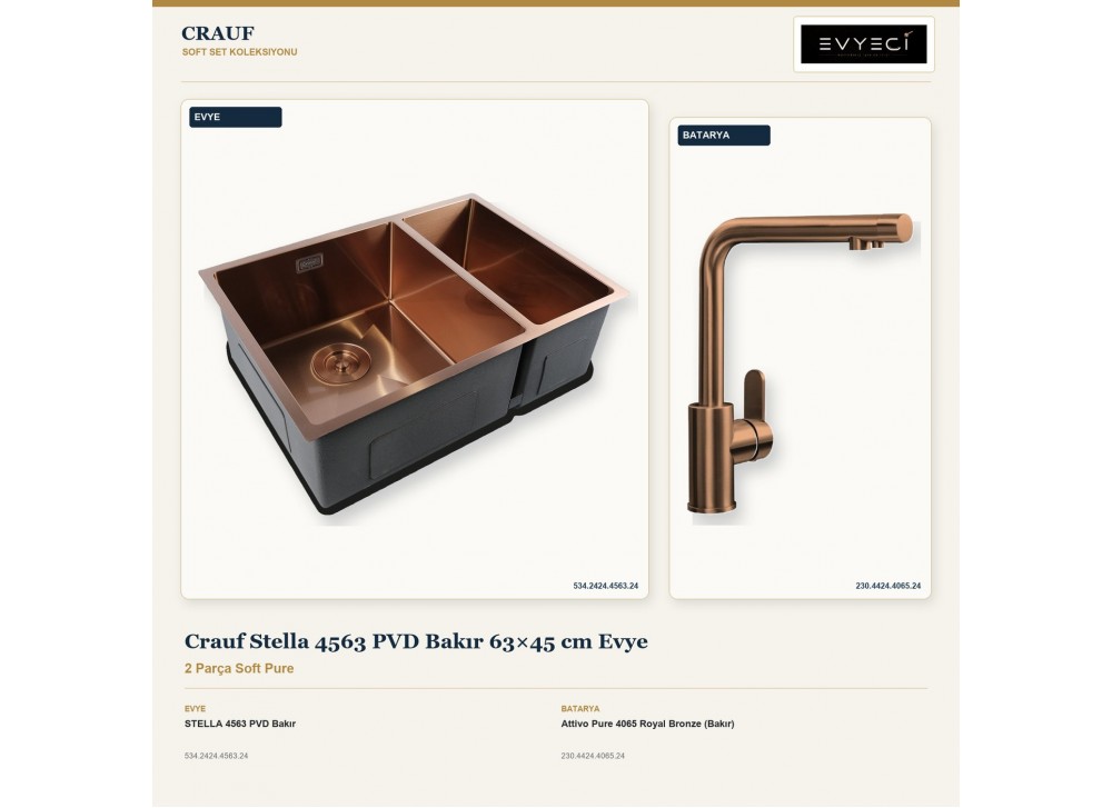 Crauf Stella 4563 PVD Bakır 63×45 cm Evye + Attivo Pure 4065 Royal Bronze (Bakır) Batarya | 2 Parça Soft Pure Crauf Stella 4563 PVD Bakır 63×45 cm Evye + Attivo Pure 4065 Royal Bronze (Bakır) Batarya | 2 Parça Soft Pure