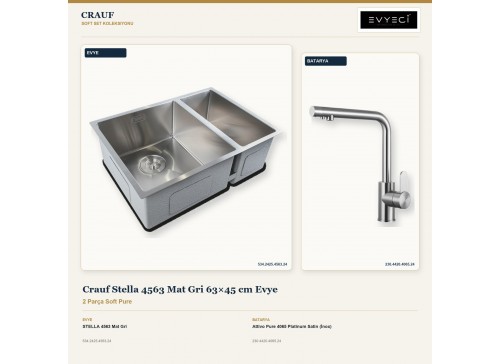 Crauf Stella 4563 Mat Gri 63×45 cm Evye + Attivo Pure 4065 Platinum Satin (İnox) Batarya | 2 Parça Soft Pure