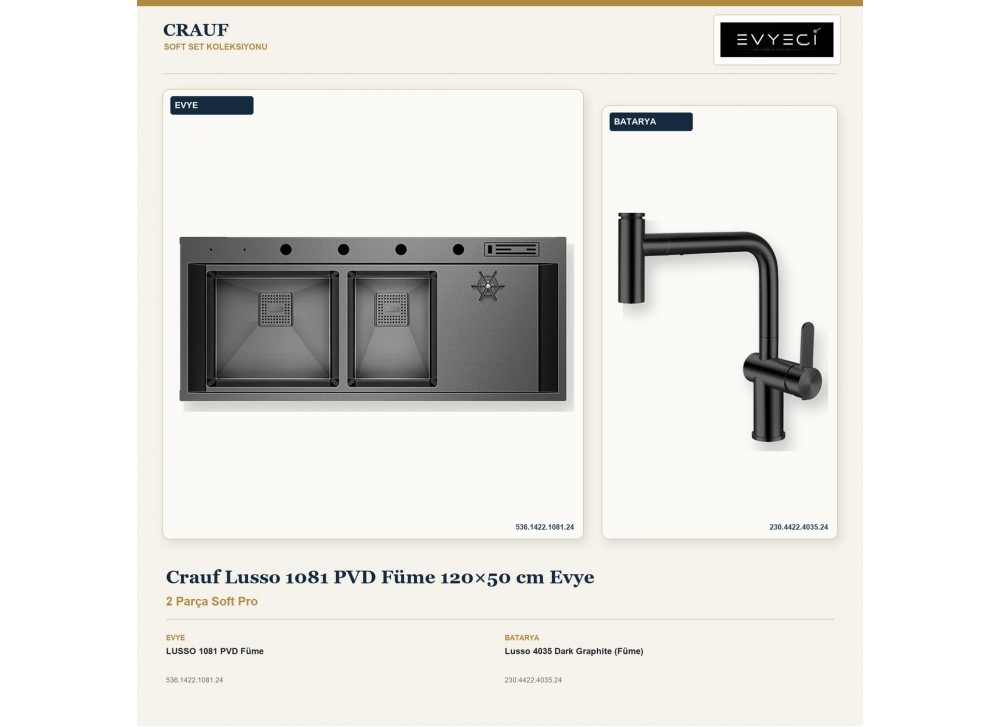 Crauf Lusso 1081 PVD Füme 120×50 cm Evye + Lusso 4035 Dark Graphite (Füme) Batarya | 2 Parça Soft Pro Crauf Lusso 1081 PVD Füme 120×50 cm Evye + Lusso 4035 Dark Graphite (Füme) Batarya | 2 Parça Soft Pro
