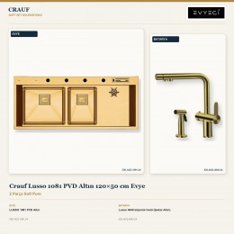 Crauf Lusso 1081 PVD Altın 120×50 cm Evye + Lusso 4040 Imperial Gold (İpeksi Altın) Batarya | 2 Parça Soft Pure