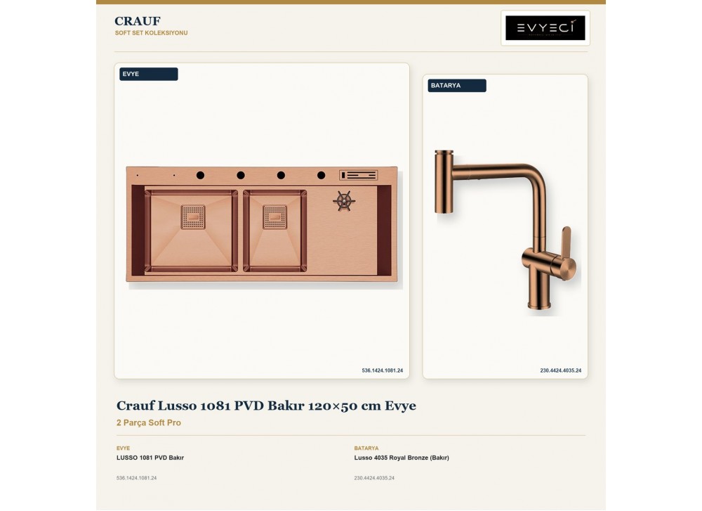Crauf Lusso 1081 PVD Bakır 120×50 cm Evye + Lusso 4035 Royal Bronze (Bakır) Batarya | 2 Parça Soft Pro Crauf Lusso 1081 PVD Bakır 120×50 cm Evye + Lusso 4035 Royal Bronze (Bakır) Batarya | 2 Parça Soft Pro