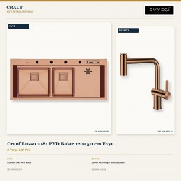 Crauf Lusso 1081 PVD Bakır 120×50 cm Evye + Lusso 4035 Royal Bronze (Bakır) Batarya | 2 Parça Soft Pro