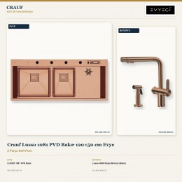 Crauf Lusso 1081 PVD Bakır 120×50 cm Evye + Lusso 4040 Royal Bronze (Bakır) Batarya | 2 Parça Soft Pure