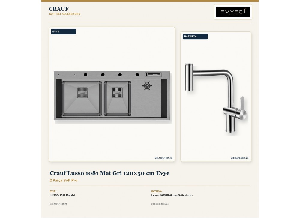 Crauf Lusso 1081 Mat Gri 120×50 cm Evye + Lusso 4035 Platinum Satin (İnox) Batarya | 2 Parça Soft Pro Crauf Lusso 1081 Mat Gri 120×50 cm Evye + Lusso 4035 Platinum Satin (İnox) Batarya | 2 Parça Soft Pro