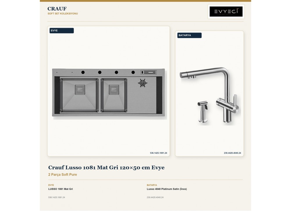 Crauf Lusso 1081 Mat Gri 120×50 cm Evye + Lusso 4040 Platinum Satin (İnox) Batarya | 2 Parça Soft Pure Crauf Lusso 1081 Mat Gri 120×50 cm Evye + Lusso 4040 Platinum Satin (İnox) Batarya | 2 Parça Soft Pure