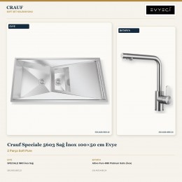 Crauf Speciale 5603 Sağ İnox 100×50 cm Evye + Attivo Pure 4065 Platinum Satin (İnox) Batarya | 2 Parça Soft Pure