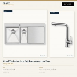 Crauf Via Lattea 6175 Sağ İnox 100×51 cm Evye + Attivo Pure 4065 Platinum Satin (İnox) Batarya | 2 Parça Soft Pure