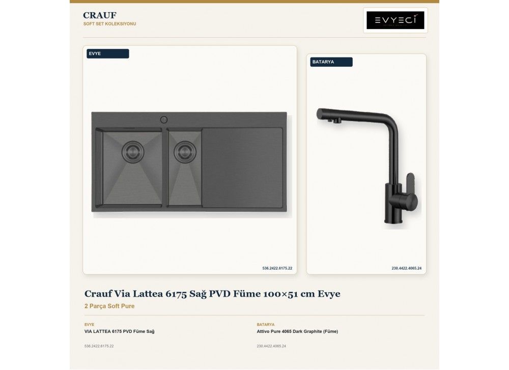 Crauf Via Lattea 6175 Sağ PVD Füme 100×51 cm Evye + Attivo Pure 4065 Dark Graphite (Füme) Batarya | 2 Parça Soft Pure Crauf Via Lattea 6175 Sağ PVD Füme 100×51 cm Evye + Attivo Pure 4065 Dark Graphite (Füme) Batarya | 2 Parça Soft Pure