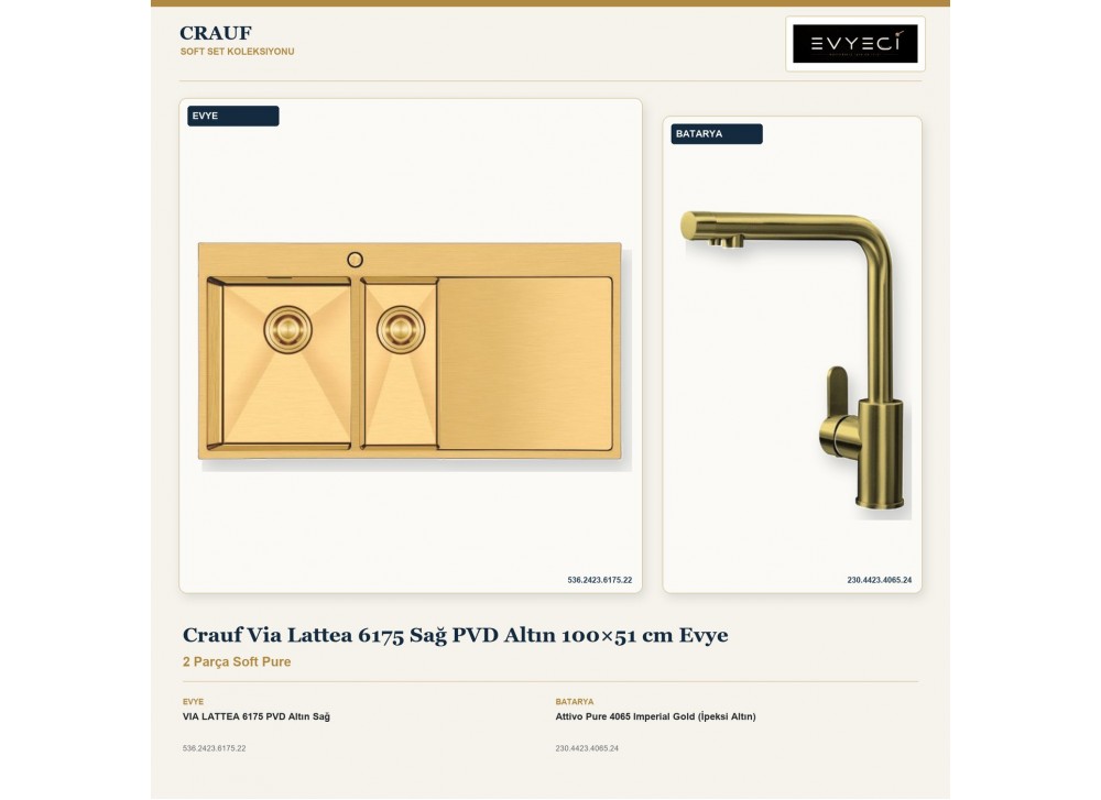 Crauf Via Lattea 6175 Sağ PVD Altın 100×51 cm Evye + Attivo Pure 4065 Imperial Gold (İpeksi Altın) Batarya | 2 Parça Soft Pure Crauf Via Lattea 6175 Sağ PVD Altın 100×51 cm Evye + Attivo Pure 4065 Imperial Gold (İpeksi Altın) Batarya | 2 Parça Soft Pure