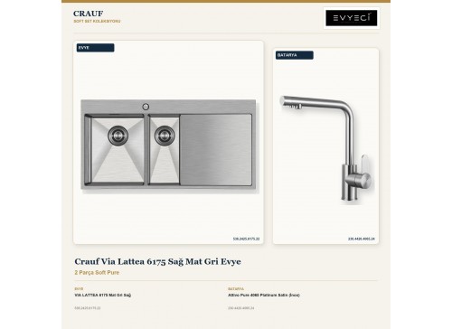 Crauf Via Lattea 6175 Sağ Mat Gri Evye + Attivo Pure 4065 Platinum Satin (İnox) Batarya | 2 Parça Soft Pure