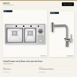 Crauf Lusso 1075 İnox 100×50 cm Evye + Lusso 4035 Platinum Satin (İnox) Batarya | 2 Parça Soft Pro