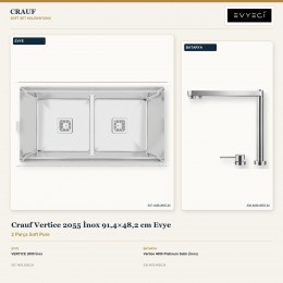 Crauf Vertice 2055 İnox 91,4×48,2 cm Evye + Vertice 4055 Platinum Satin (İnox) Batarya | 2 Parça Soft Pure