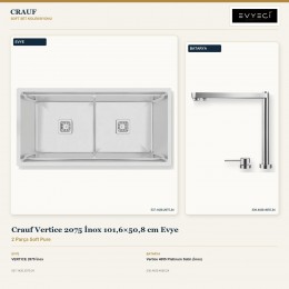 Crauf Vertice 2075 İnox 101,6×50,8 cm Evye + Vertice 4055 Platinum Satin (İnox) Batarya | 2 Parça Soft Pure