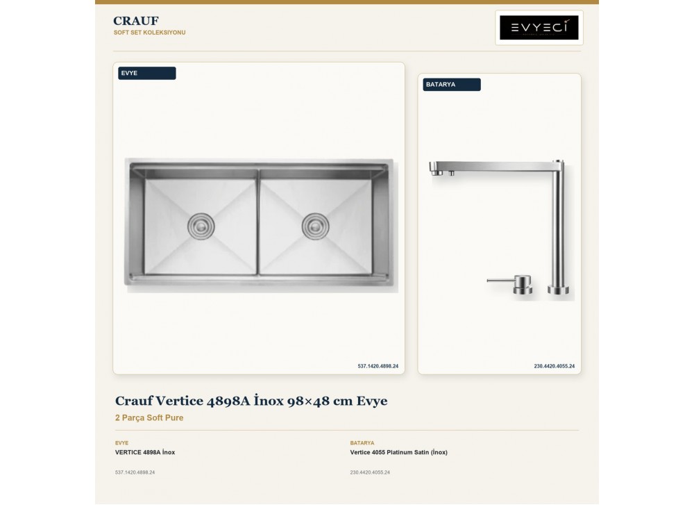 Crauf Vertice 4898A İnox 98×48 cm Evye + Vertice 4055 Platinum Satin (İnox) Batarya | 2 Parça Soft Pure Crauf Vertice 4898A İnox 98×48 cm Evye + Vertice 4055 Platinum Satin (İnox) Batarya | 2 Parça Soft Pure