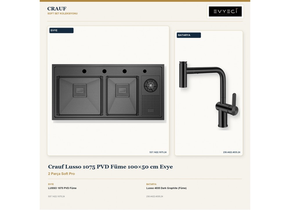 Crauf Lusso 1075 PVD Füme 100×50 cm Evye + Lusso 4035 Dark Graphite (Füme) Batarya | 2 Parça Soft Pro Crauf Lusso 1075 PVD Füme 100×50 cm Evye + Lusso 4035 Dark Graphite (Füme) Batarya | 2 Parça Soft Pro