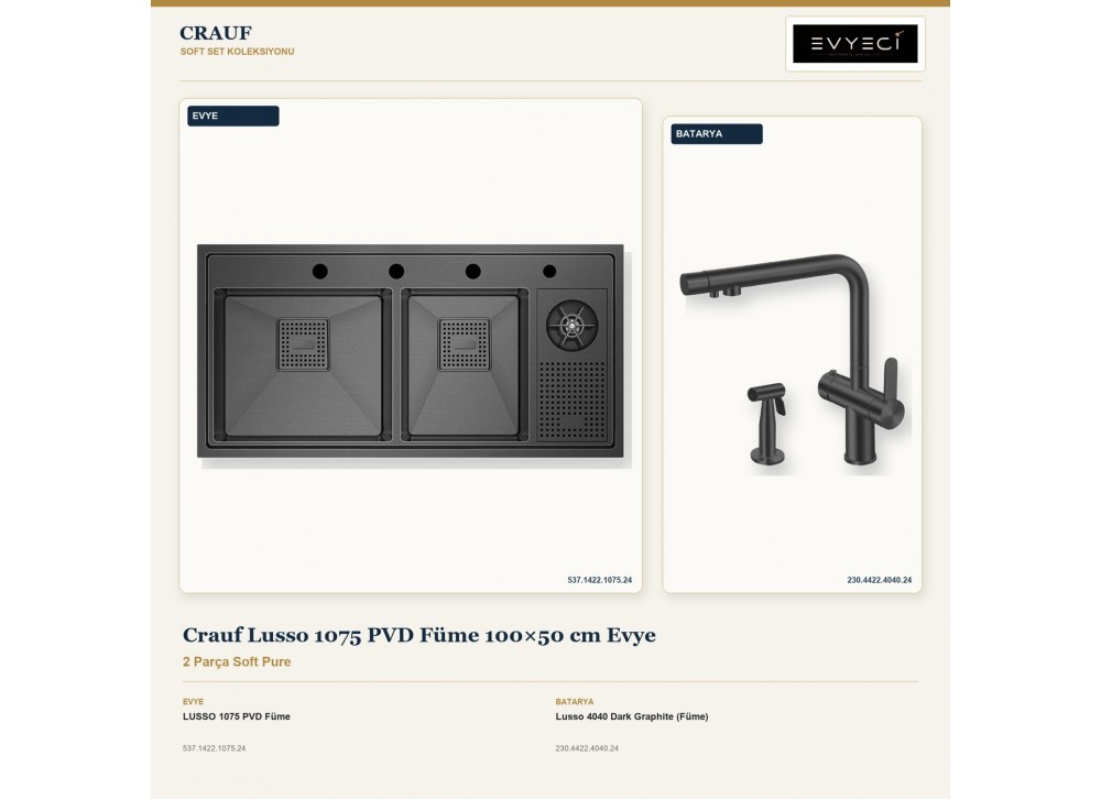 Crauf Lusso 1075 PVD Füme 100×50 cm Evye + Lusso 4040 Dark Graphite (Füme) Batarya | 2 Parça Soft Pure Crauf Lusso 1075 PVD Füme 100×50 cm Evye + Lusso 4040 Dark Graphite (Füme) Batarya | 2 Parça Soft Pure