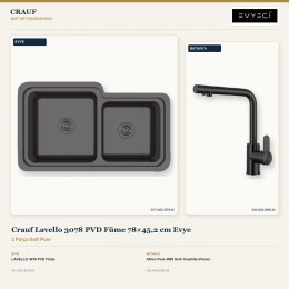 Crauf Lavello 3078 PVD Füme 78×45,2 cm Evye + Attivo Pure 4065 Dark Graphite (Füme) Batarya | 2 Parça Soft Pure
