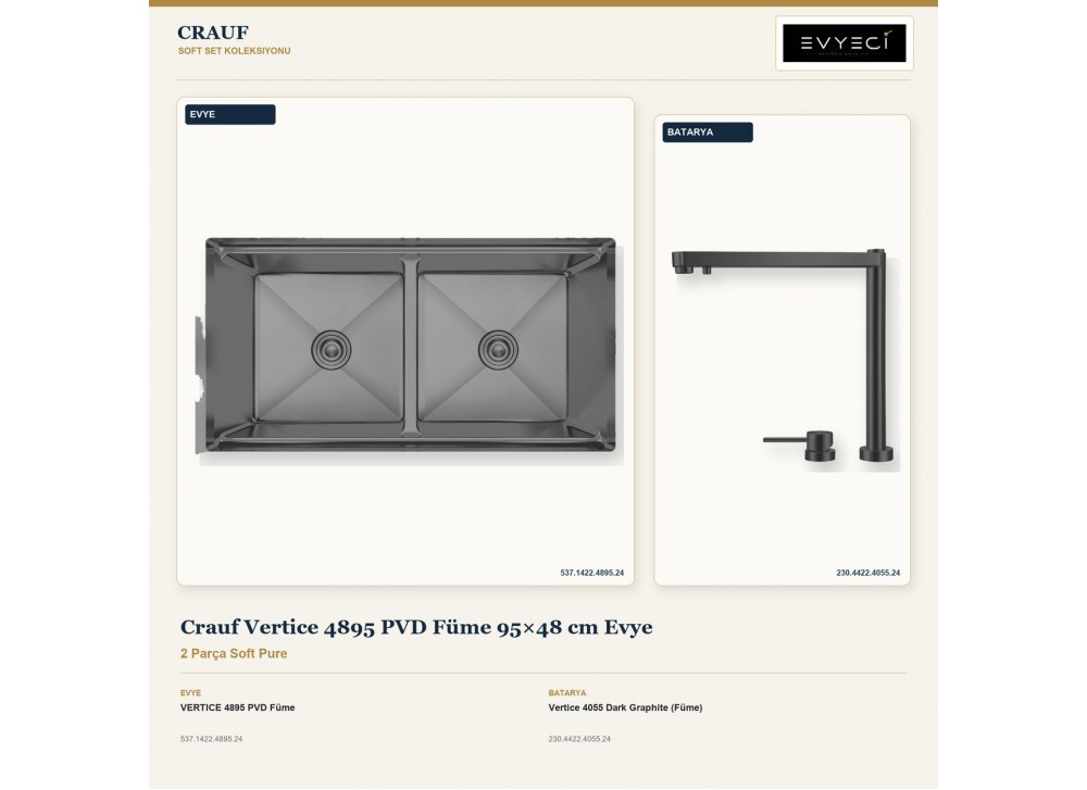 Crauf Vertice 4895 PVD Füme 95×48 cm Evye + Vertice 4055 Dark Graphite (Füme) Batarya | 2 Parça Soft Pure Crauf Vertice 4895 PVD Füme 95×48 cm Evye + Vertice 4055 Dark Graphite (Füme) Batarya | 2 Parça Soft Pure