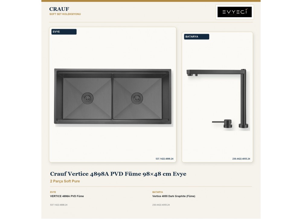 Crauf Vertice 4898A PVD Füme 98×48 cm Evye + Vertice 4055 Dark Graphite (Füme) Batarya | 2 Parça Soft Pure Crauf Vertice 4898A PVD Füme 98×48 cm Evye + Vertice 4055 Dark Graphite (Füme) Batarya | 2 Parça Soft Pure