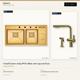 Crauf Lusso 1065 PVD Altın 100×49 cm Evye + Lusso 4040 Imperial Gold (İpeksi Altın) Batarya | 2 Parça Soft Pure