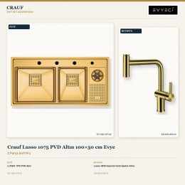 Crauf Lusso 1075 PVD Altın 100×50 cm Evye + Lusso 4035 Imperial Gold (İpeksi Altın) Batarya | 2 Parça Soft Pro