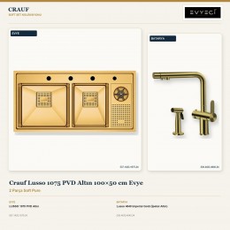 Crauf Lusso 1075 PVD Altın 100×50 cm Evye + Lusso 4040 Imperial Gold (İpeksi Altın) Batarya | 2 Parça Soft Pure