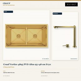 Crauf Vertice 4895 PVD Altın 95×48 cm Evye + Vertice 4055 Imperial Gold (İpeksi Altın) Batarya | 2 Parça Soft Pure