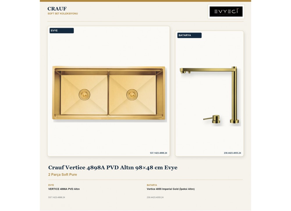 Crauf Vertice 4898A PVD Altın 98×48 cm Evye + Vertice 4055 Imperial Gold (İpeksi Altın) Batarya | 2 Parça Soft Pure Crauf Vertice 4898A PVD Altın 98×48 cm Evye + Vertice 4055 Imperial Gold (İpeksi Altın) Batarya | 2 Parça Soft Pure