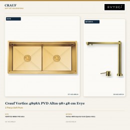 Crauf Vertice 4898A PVD Altın 98×48 cm Evye + Vertice 4055 Imperial Gold (İpeksi Altın) Batarya | 2 Parça Soft Pure