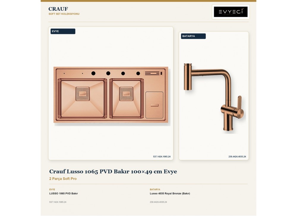 Crauf Lusso 1065 PVD Bakır 100×49 cm Evye + Lusso 4035 Royal Bronze (Bakır) Batarya | 2 Parça Soft Pro Crauf Lusso 1065 PVD Bakır 100×49 cm Evye + Lusso 4035 Royal Bronze (Bakır) Batarya | 2 Parça Soft Pro