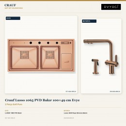 Crauf Lusso 1065 PVD Bakır 100×49 cm Evye + Lusso 4040 Royal Bronze (Bakır) Batarya | 2 Parça Soft Pure