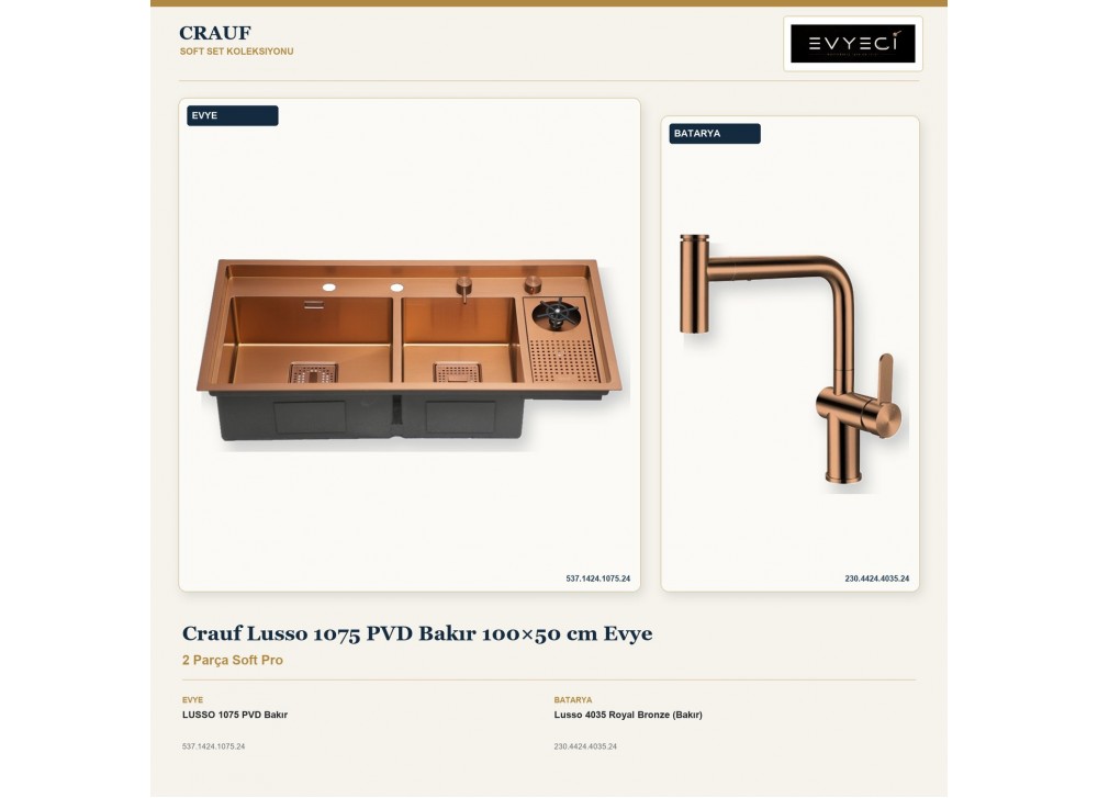 Crauf Lusso 1075 PVD Bakır 100×50 cm Evye + Lusso 4035 Royal Bronze (Bakır) Batarya | 2 Parça Soft Pro Crauf Lusso 1075 PVD Bakır 100×50 cm Evye + Lusso 4035 Royal Bronze (Bakır) Batarya | 2 Parça Soft Pro
