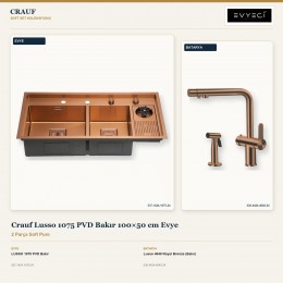 Crauf Lusso 1075 PVD Bakır 100×50 cm Evye + Lusso 4040 Royal Bronze (Bakır) Batarya | 2 Parça Soft Pure