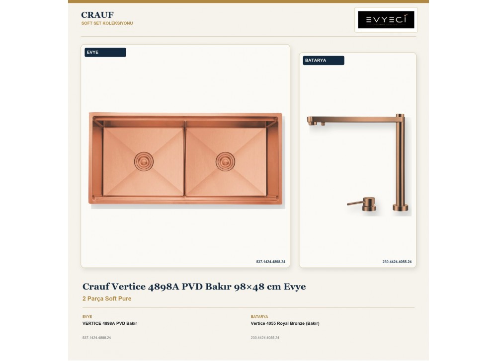 Crauf Vertice 4898A PVD Bakır 98×48 cm Evye + Vertice 4055 Royal Bronze (Bakır) Batarya | 2 Parça Soft Pure Crauf Vertice 4898A PVD Bakır 98×48 cm Evye + Vertice 4055 Royal Bronze (Bakır) Batarya | 2 Parça Soft Pure