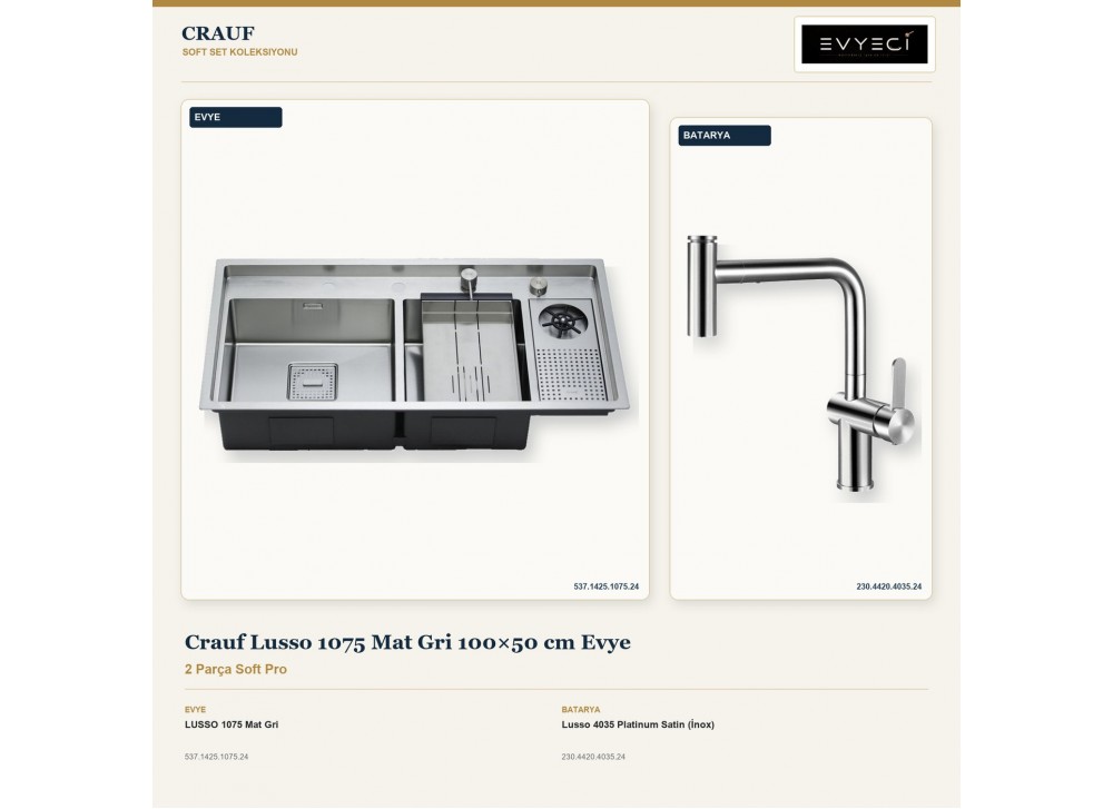 Crauf Lusso 1075 Mat Gri 100×50 cm Evye + Lusso 4035 Platinum Satin (İnox) Batarya | 2 Parça Soft Pro