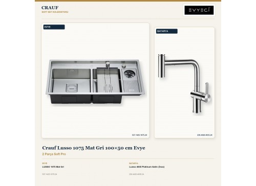 Crauf Lusso 1075 Mat Gri 100×50 cm Evye + Lusso 4035 Platinum Satin (İnox) Batarya | 2 Parça Soft Pro