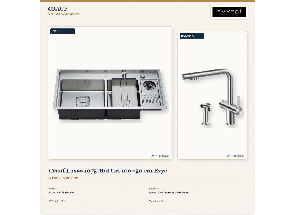 Crauf Lusso 1075 Mat Gri 100×50 cm Evye + Lusso 4040 Platinum Satin (İnox) Batarya | 2 Parça Soft Pure Crauf Lusso 1075 Mat Gri 100×50 cm Evye + Lusso 4040 Platinum Satin (İnox) Batarya | 2 Parça Soft Pure